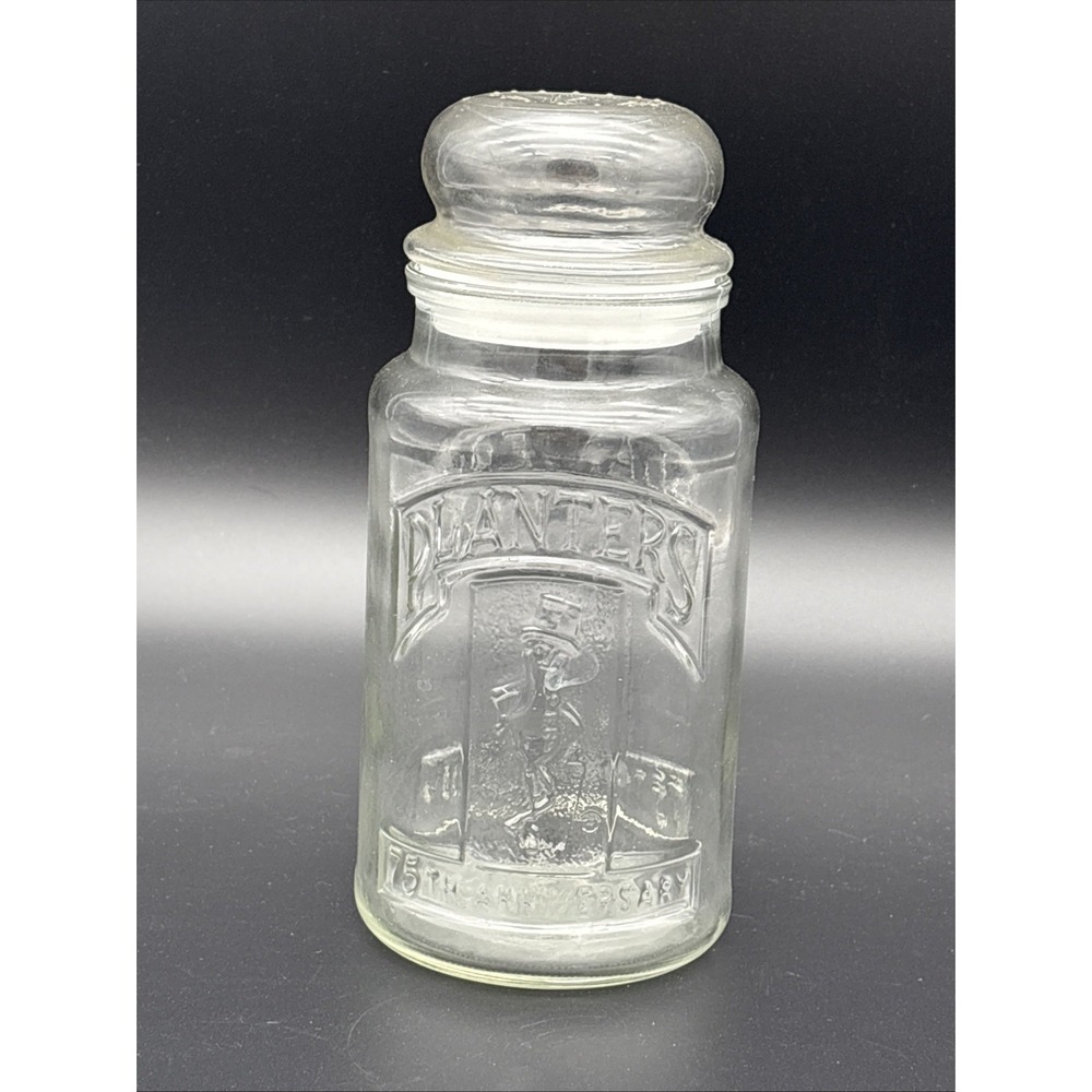 Vintage 1981 Planters Peanuts 75th Anniversary Glass Jar Mr Peanut W/ Lid 8in